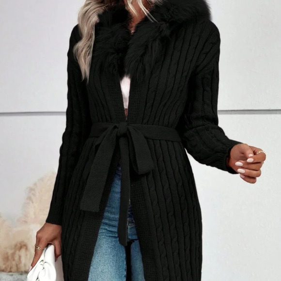 Black Casual Women's Fluffy Knot Detail Long Sleeve Cardigan - Picture 2 of 6